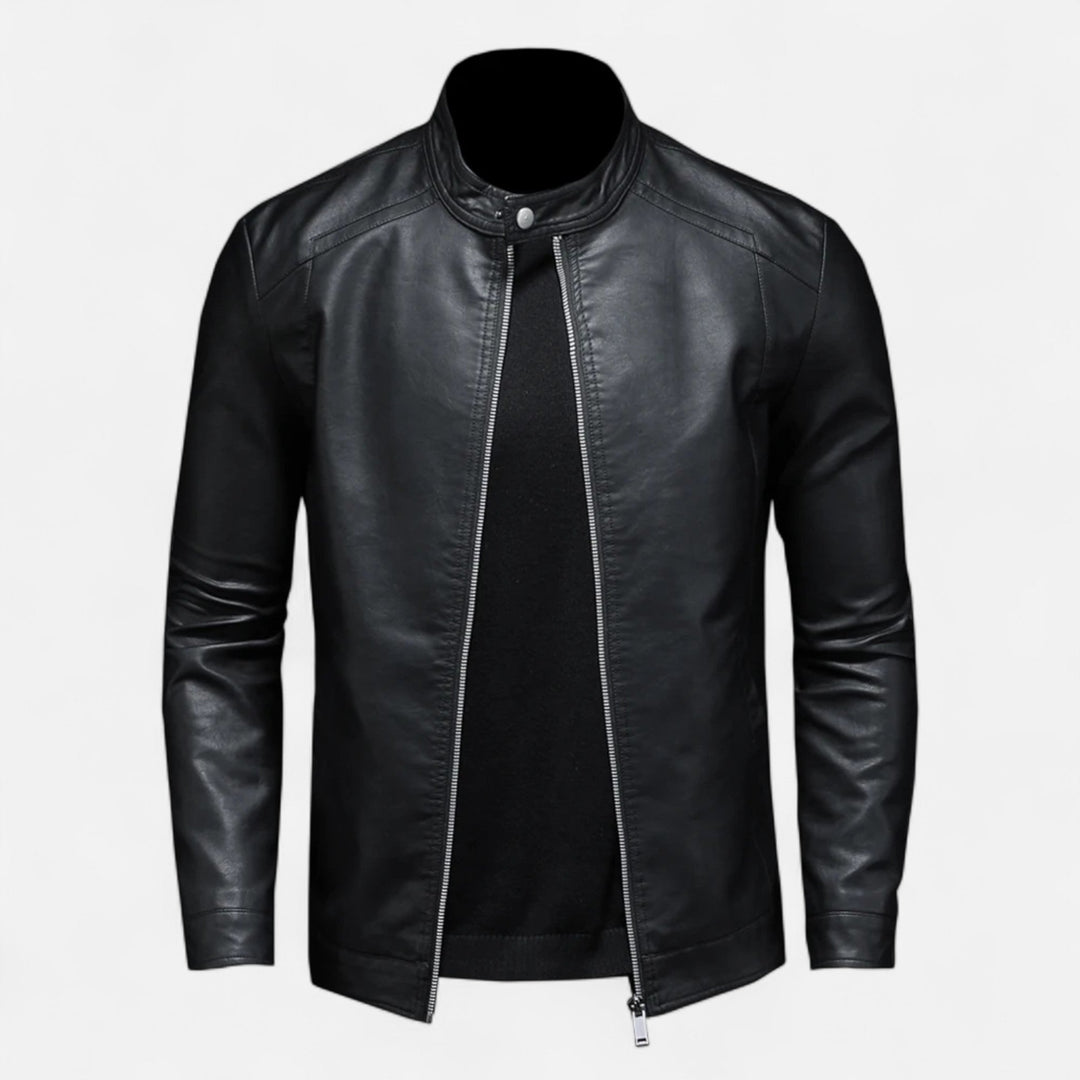 Men's black slim fit biker jacket with stand collar and zips