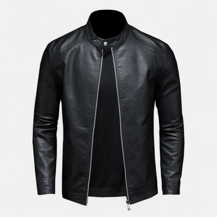 Men's black slim fit biker jacket with stand collar and zips