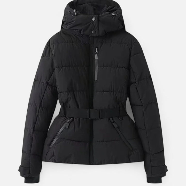 Women's quilted hooded jacket with belted waist and long sleeves