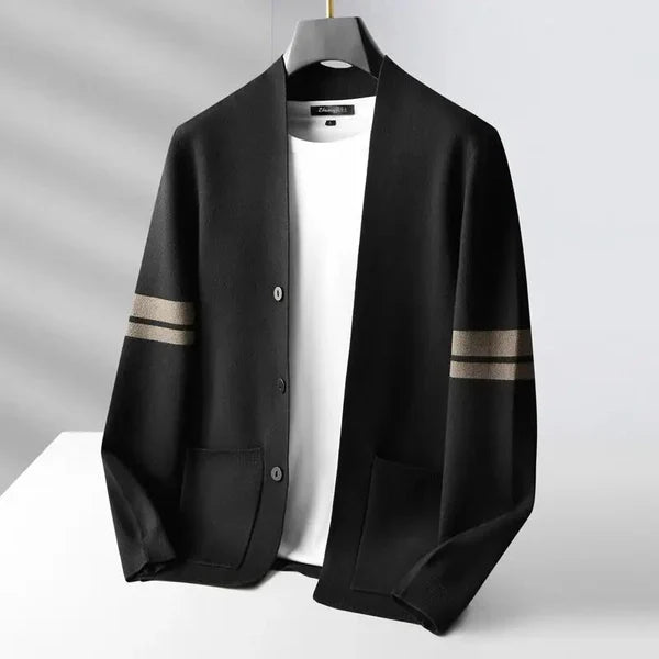 Men's button cardigan with contrasting striped sleeves and front pockets