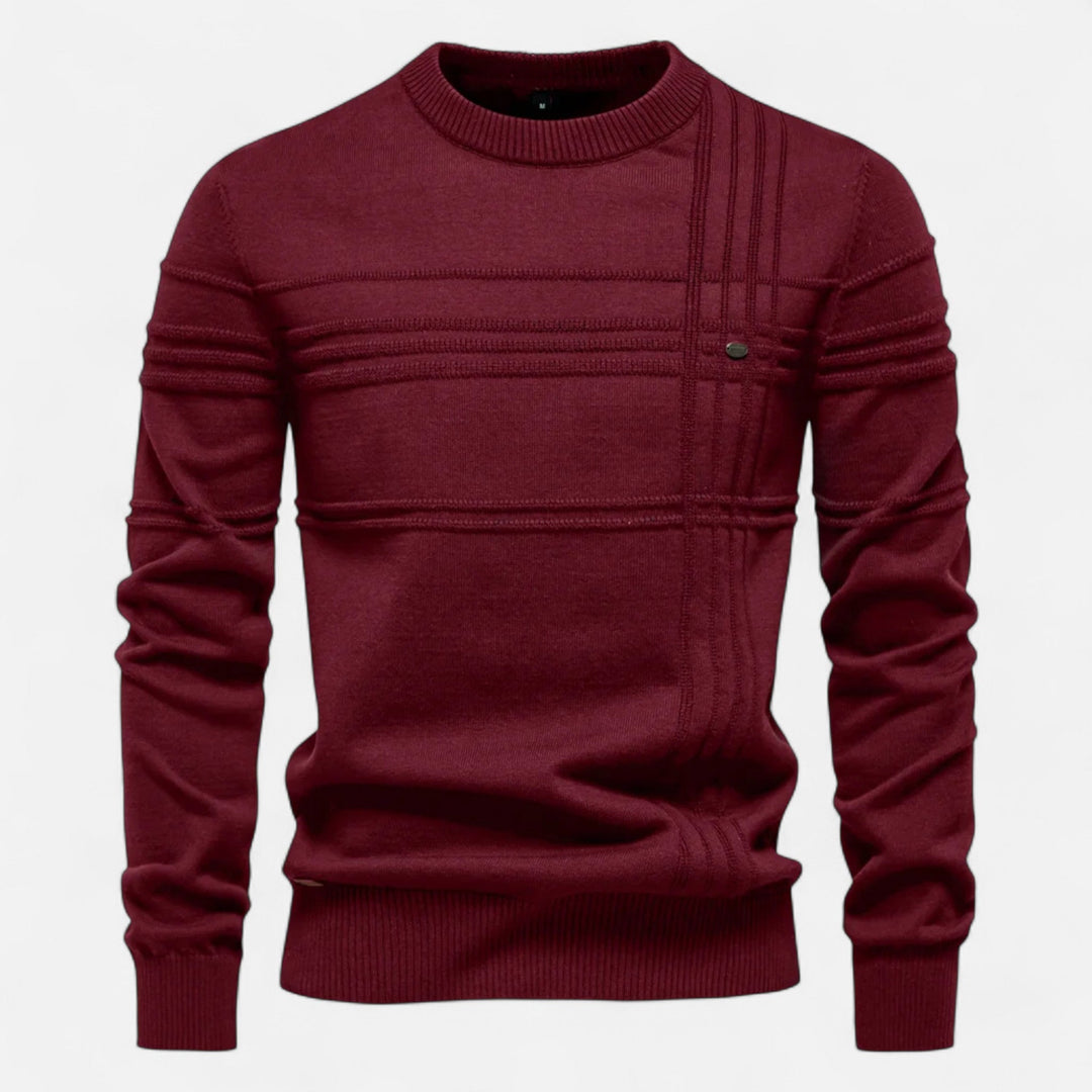 Men's long-sleeve striped crew neck sweater with ribbed trims