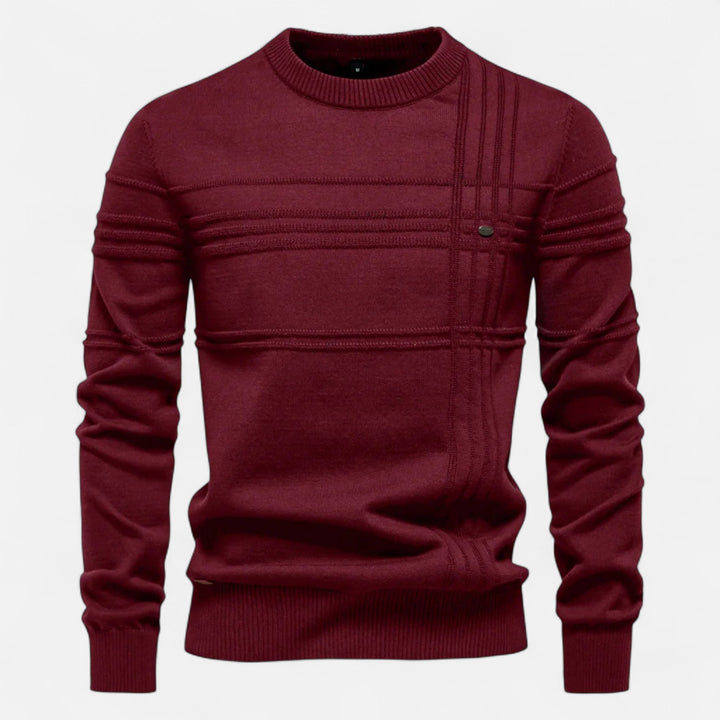 Men's long-sleeve striped crew neck sweater with ribbed trims