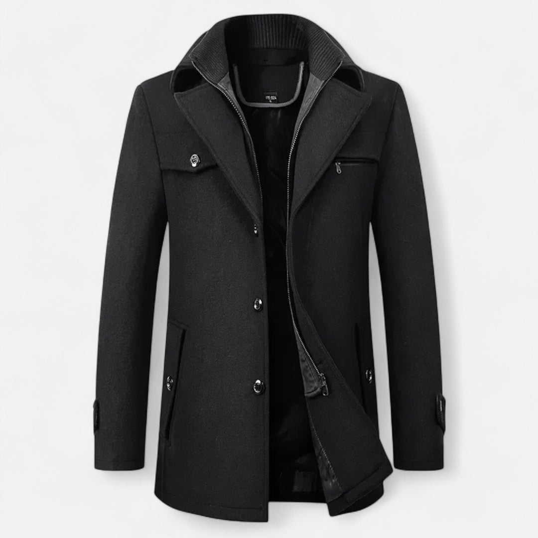 Men's longline coat with stand collar, lapels, buttons, zip front and multiple pockets