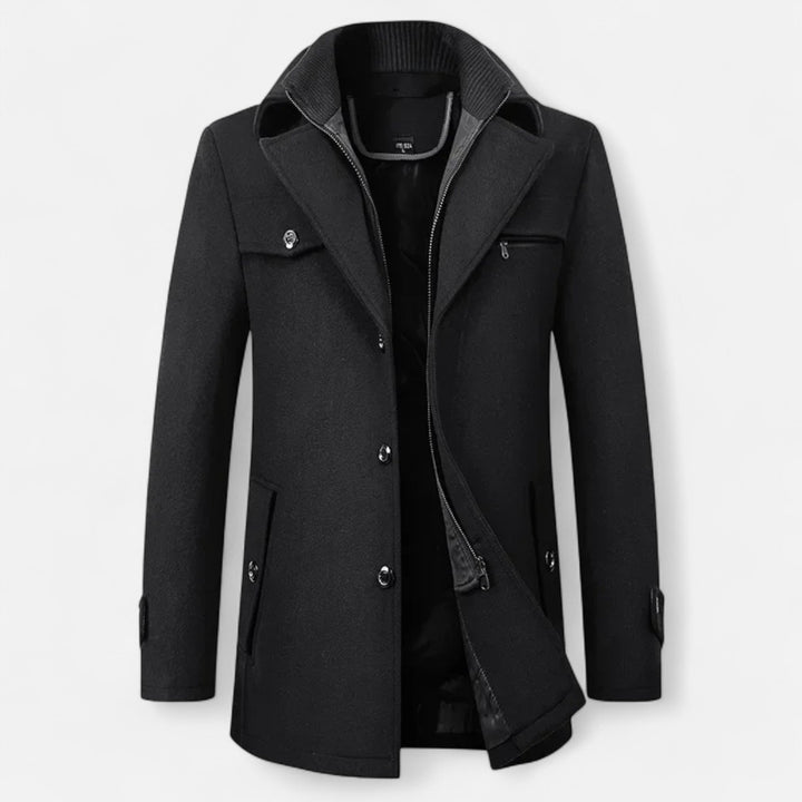 Men's longline coat with stand collar, lapels, buttons, zip front and multiple pockets