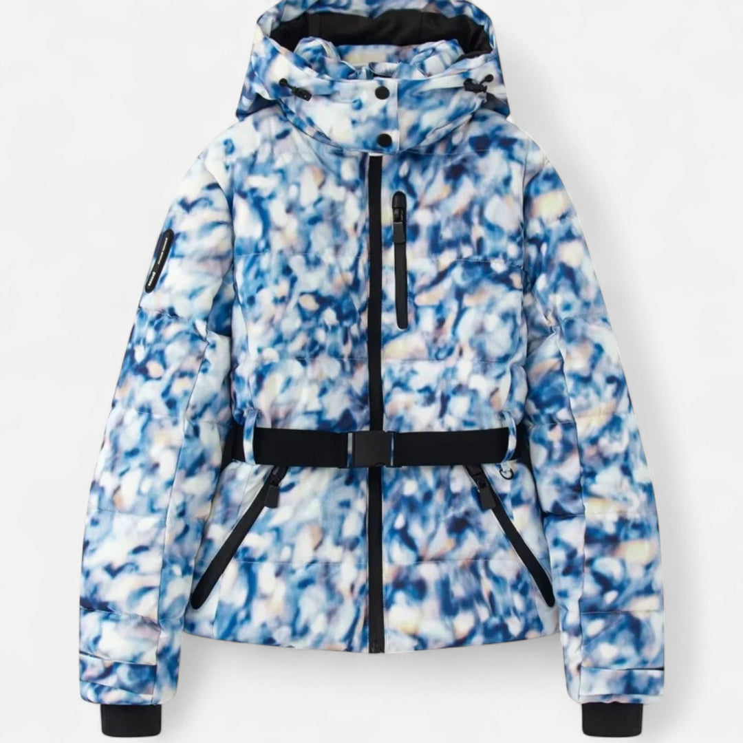 Women's quilted hooded jacket with belted waist and long sleeves