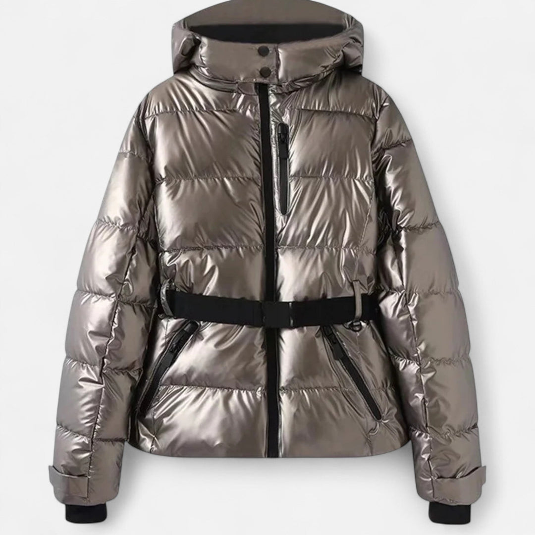 Women's quilted hooded jacket with belted waist and long sleeves