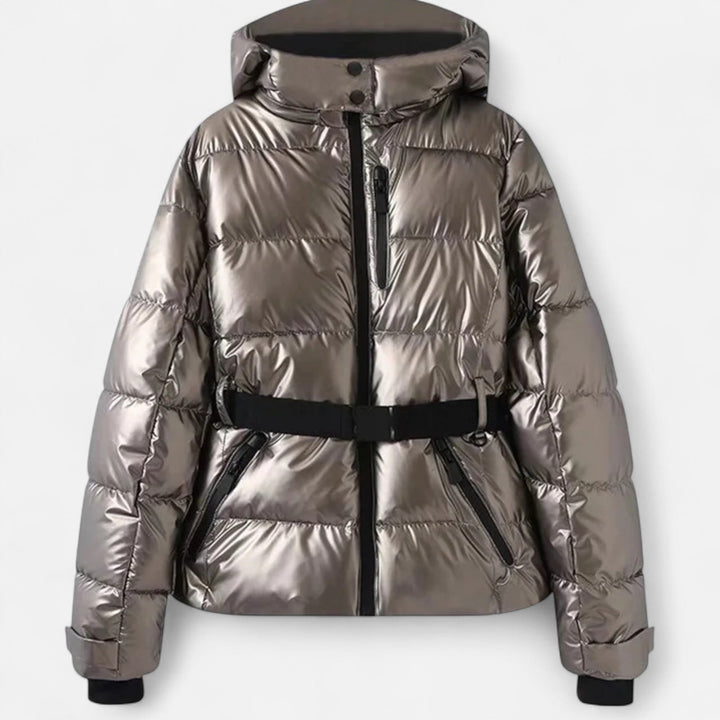 Women's quilted hooded jacket with belted waist and long sleeves