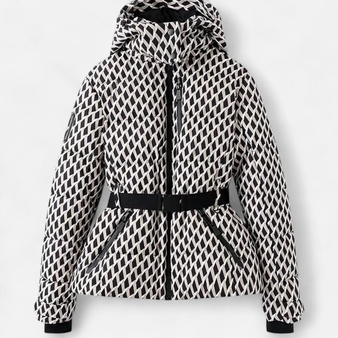 Women's quilted hooded jacket with belted waist and long sleeves