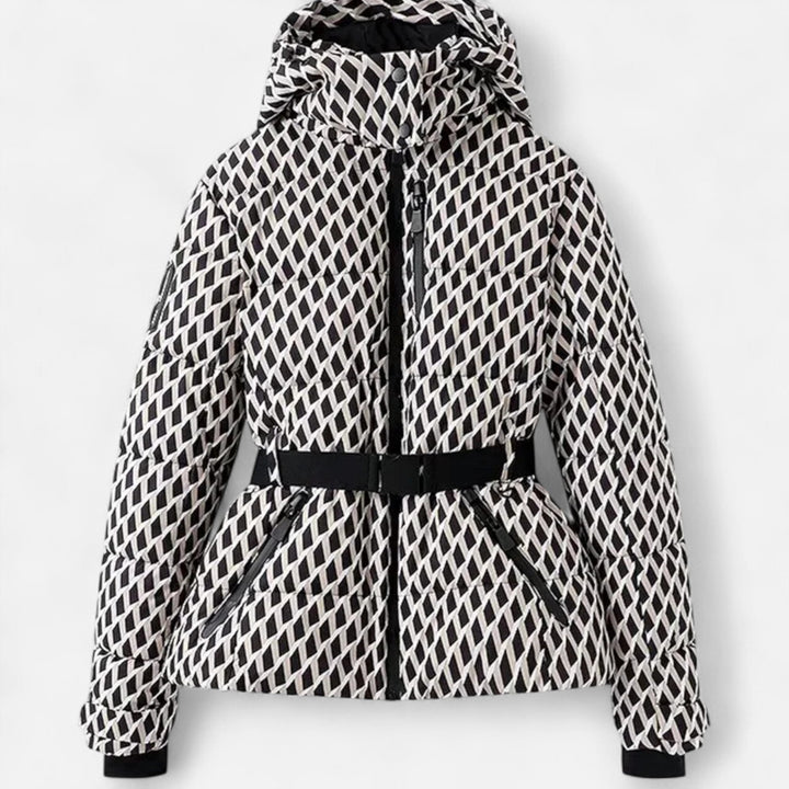 Women's quilted hooded jacket with belted waist and long sleeves