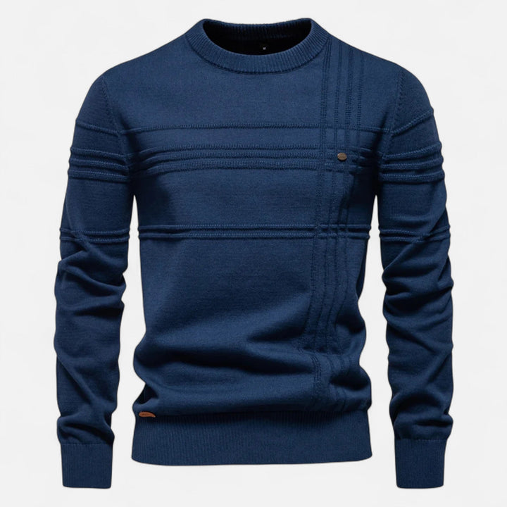 Men's long-sleeve striped crew neck sweater with ribbed trims