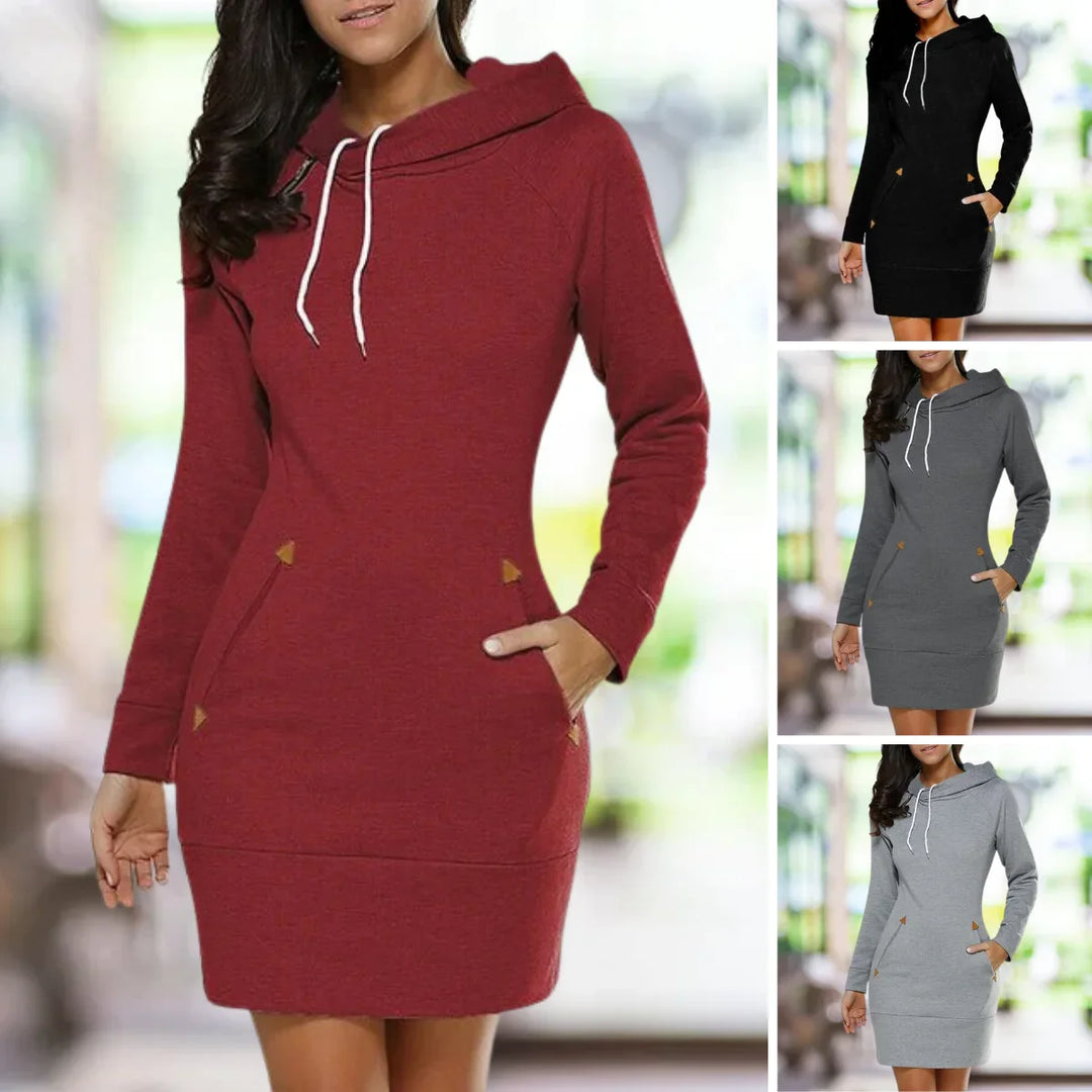 Women's long-sleeve hooded knee-length dress with front pockets