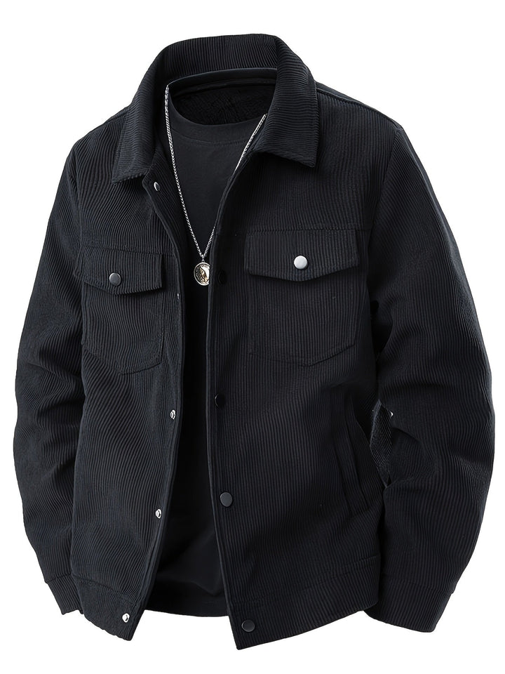 Men's corduroy utility jacket with pointed collar, button fastening and multiple pockets