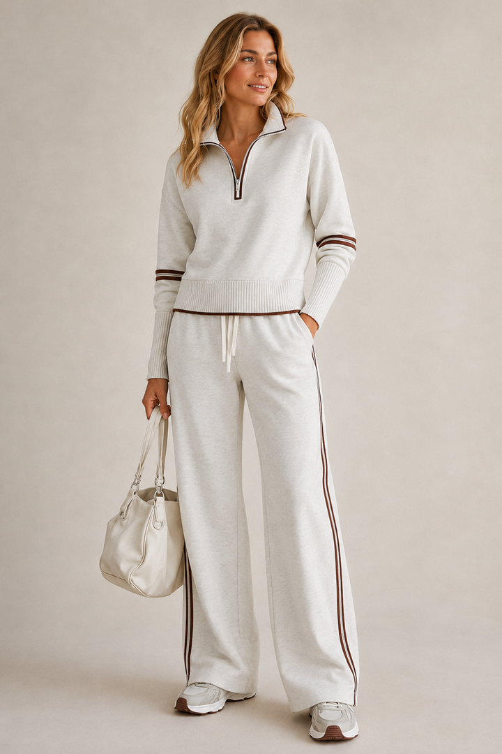 Women's mock-neck zip sweater and wide-leg trousers set with contrast side stripes
