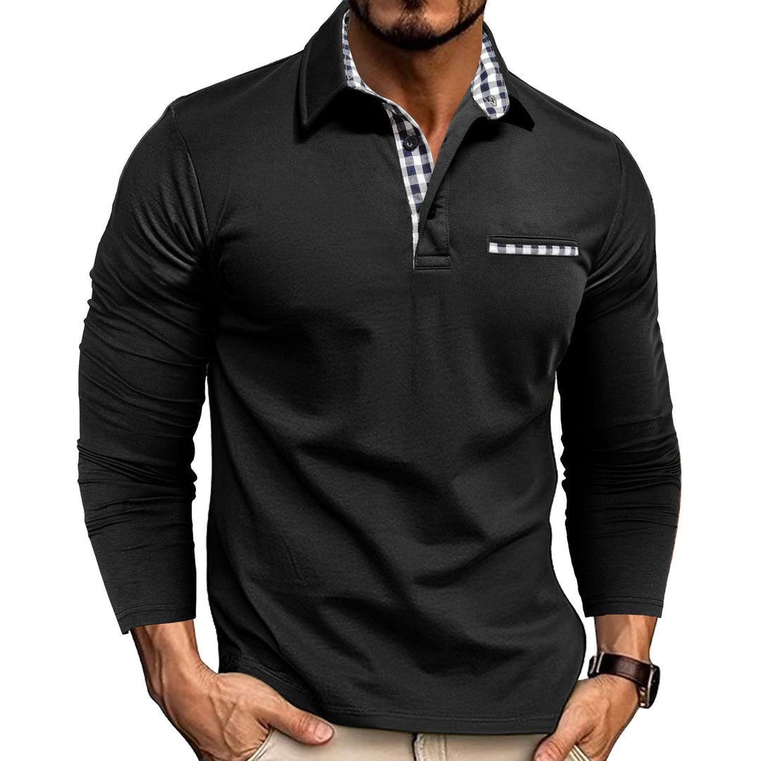 Men's long sleeve polo shirt with checked collar and chest pocket trim