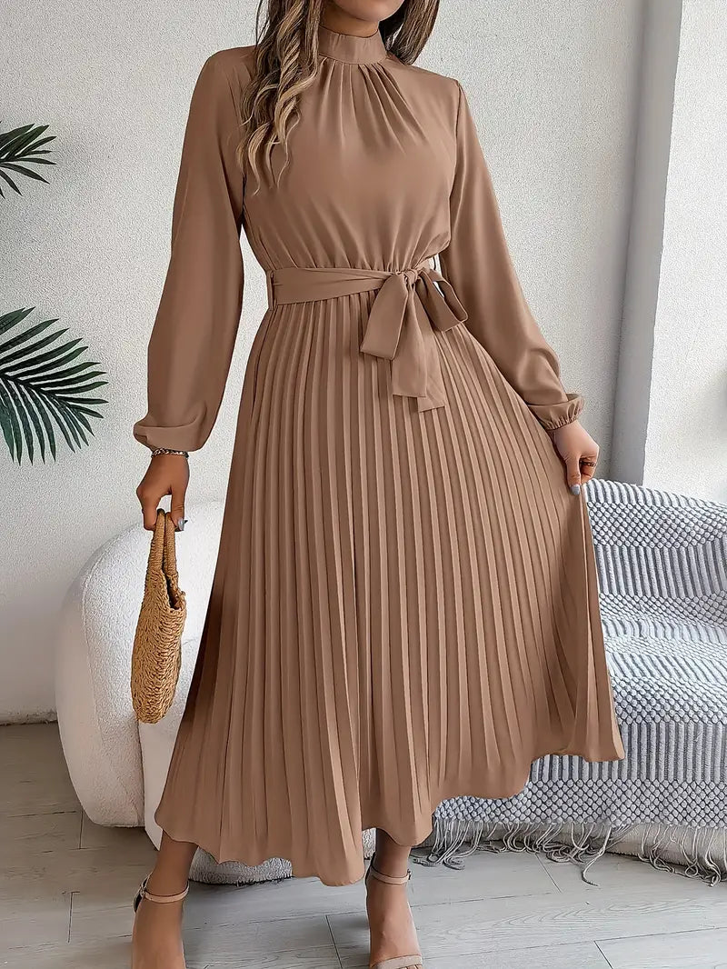 Jasmine | Women’s Long Sleeve Pleated Belted Dress - Image 9