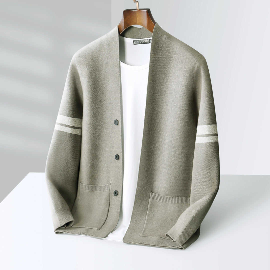 Men's button cardigan with contrasting striped sleeves and front pockets
