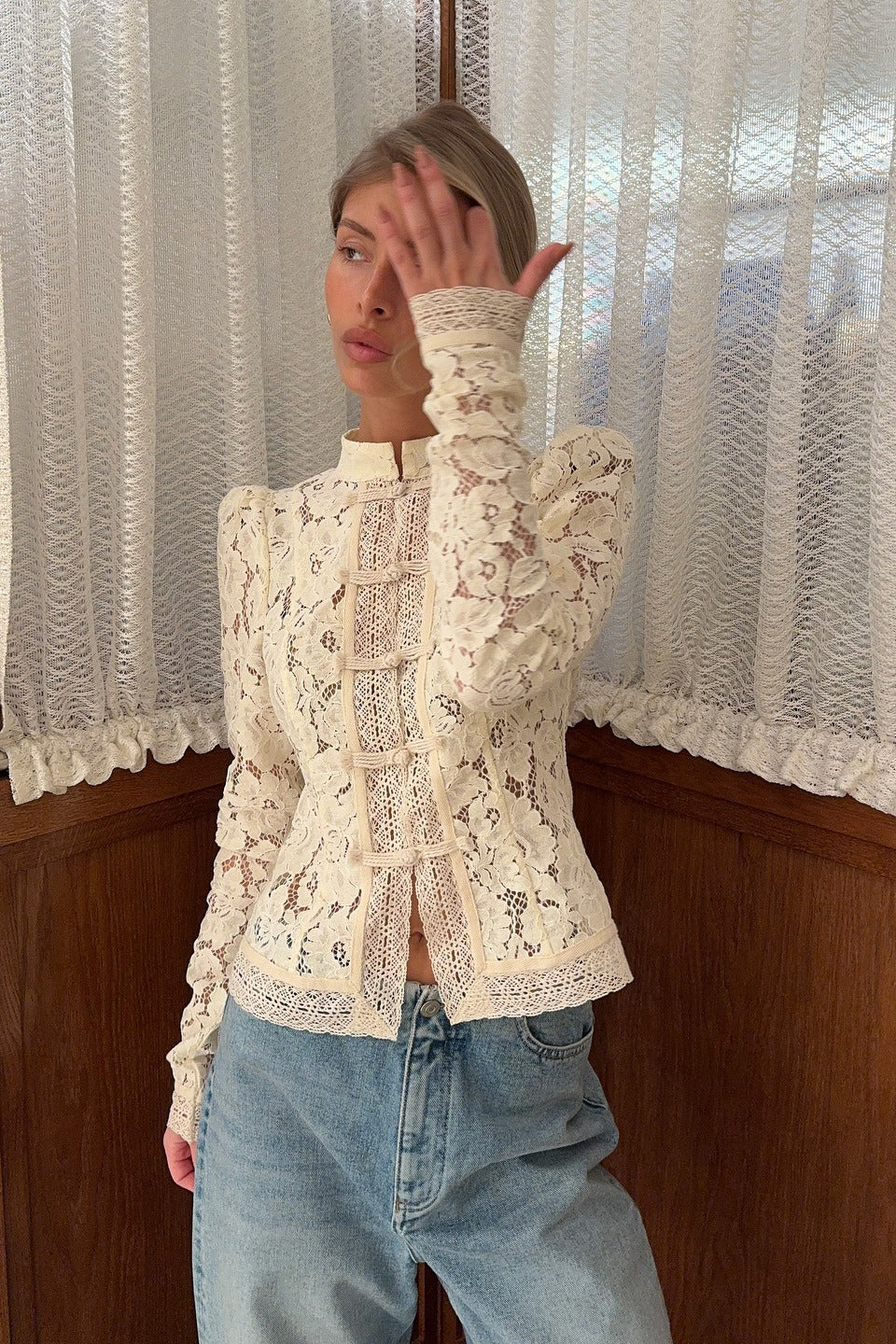 Women's white floral lace cardigan with stand collar and frog buttons