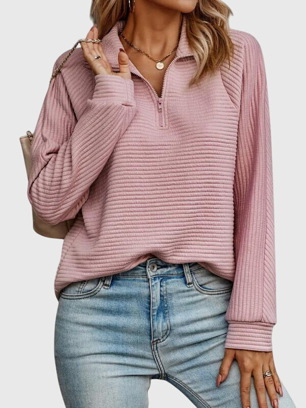 Women's ribbed quarter-zip sweater with mock collar and long sleeves