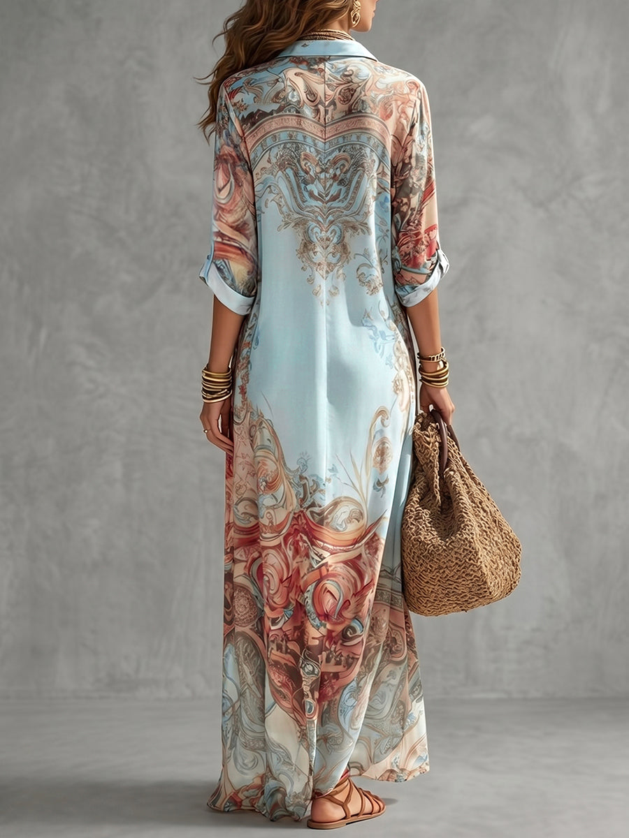 Women's blue abstract printed long-sleeve shirt maxi dress