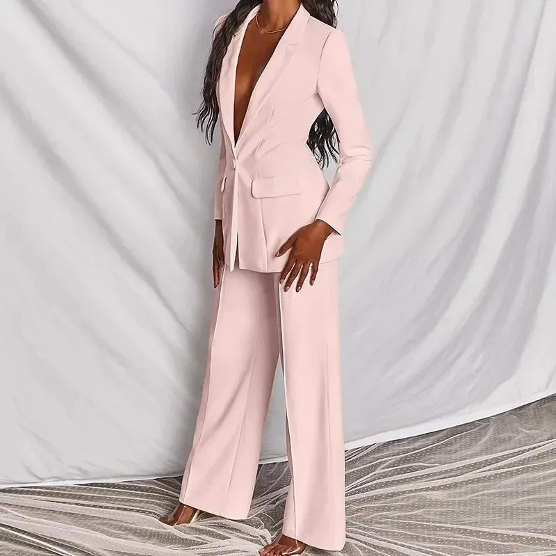 Women's tailored blazer and wide-leg trousers set with long sleeves