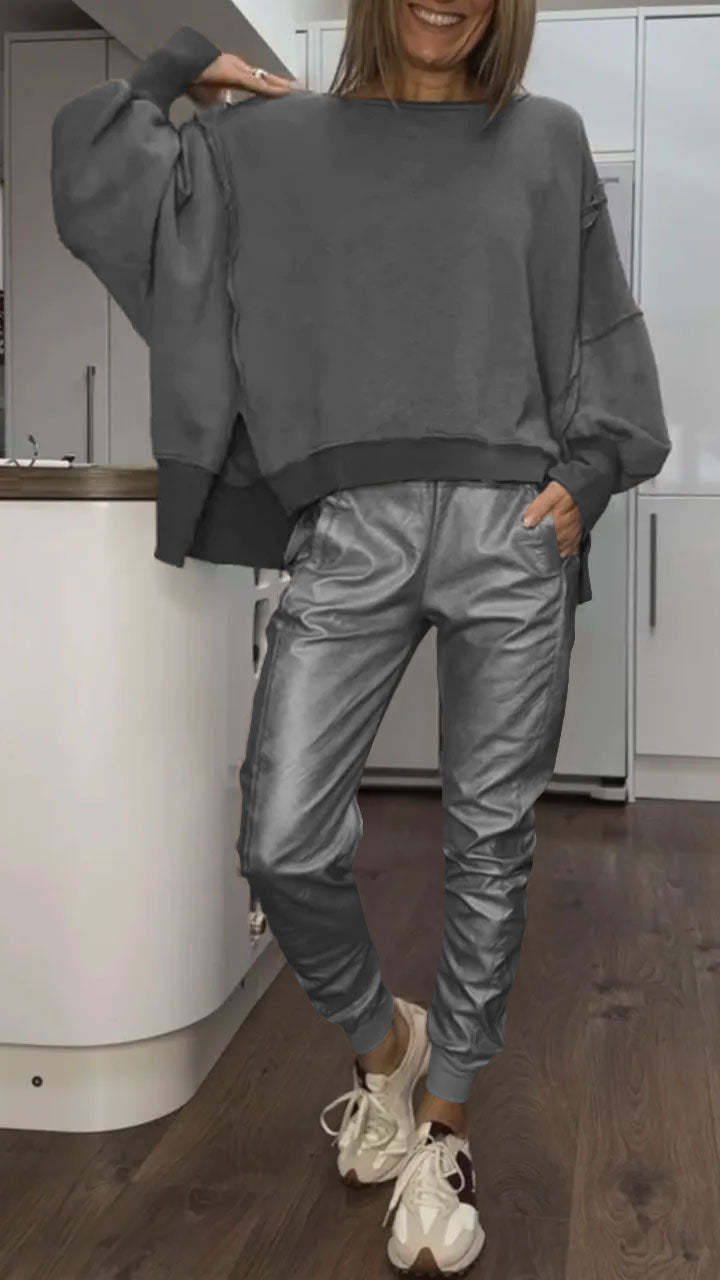 Women's casual sweatshirt top with round neckline and metallic leather pants set