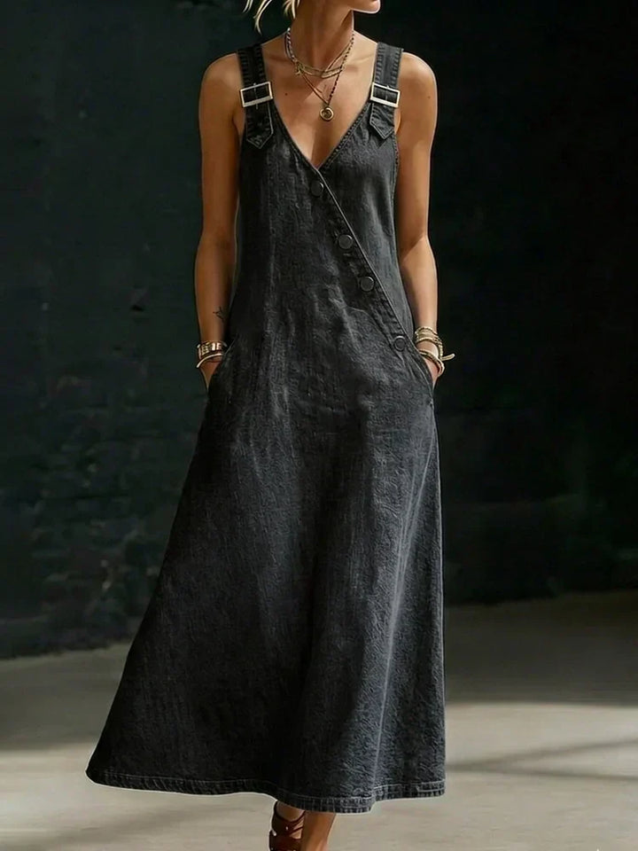 Women's Denim Maxi Dress — V-Neck Asymmetric Button-Front Long Dress