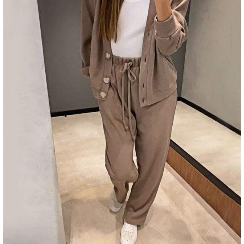 Women's knitted V-neck cardigan and relaxed trousers two-piece set