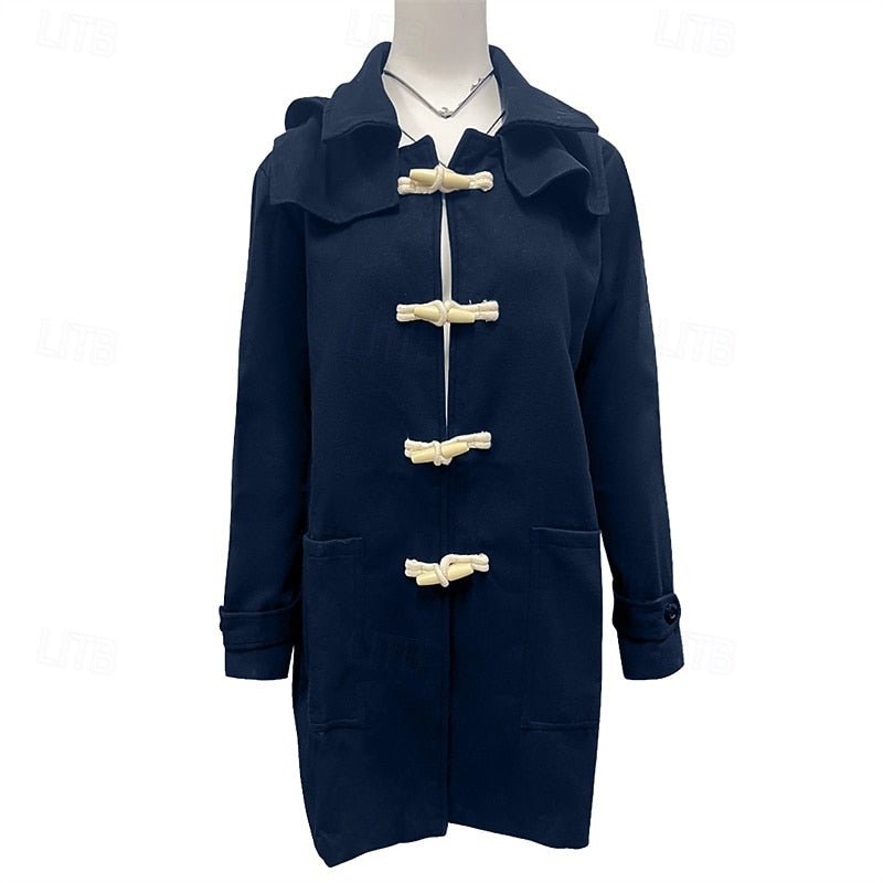Men's hooded toggle trench coat with broad collar and multiple front pockets