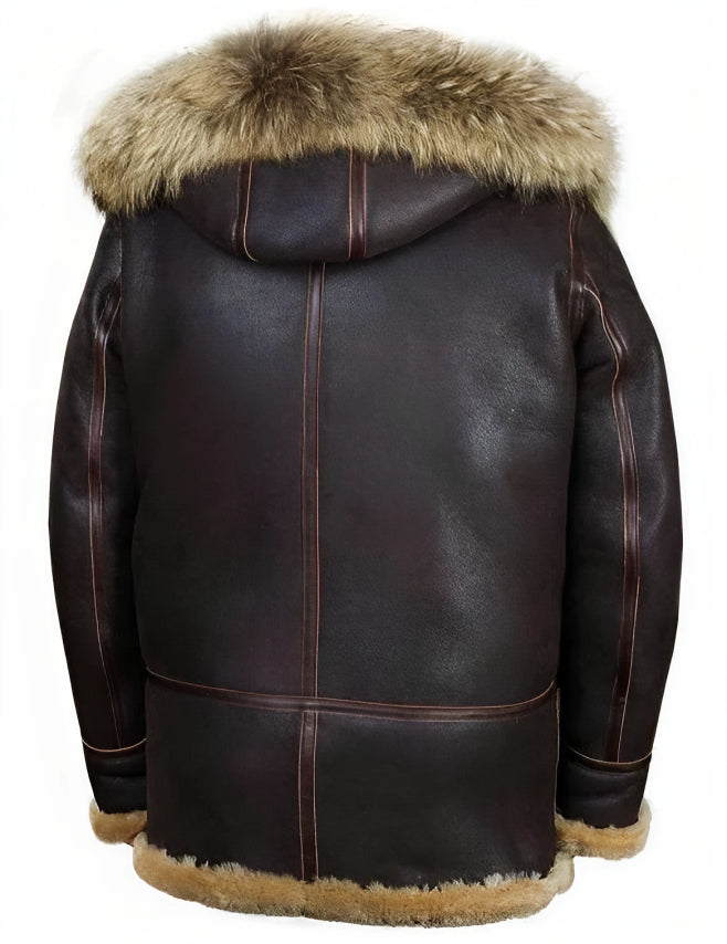 Men's dark brown hooded aviator jacket with tan shearling trim and front buckles