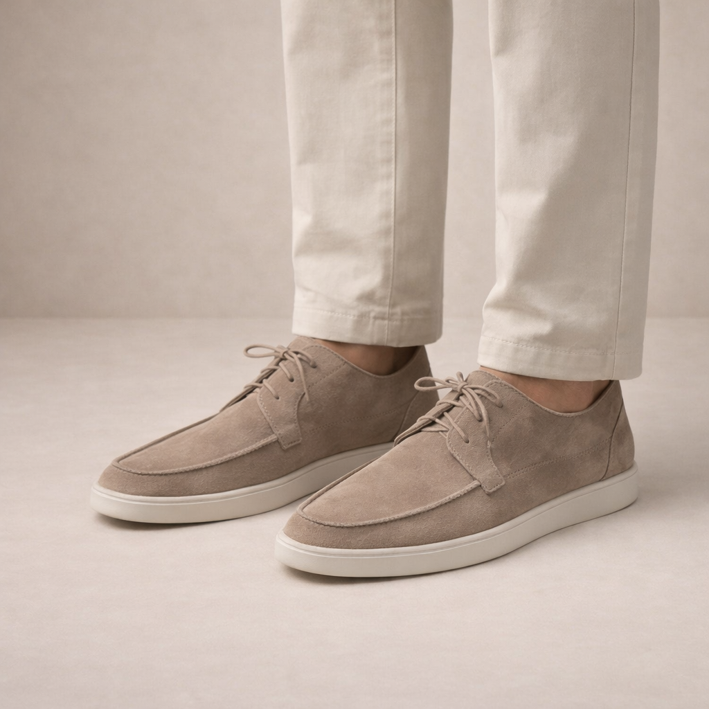 Men's lace-up loafers with moc toe stitching and low contrasting soles