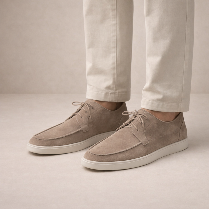 Men's lace-up loafers with moc toe stitching and low contrasting soles