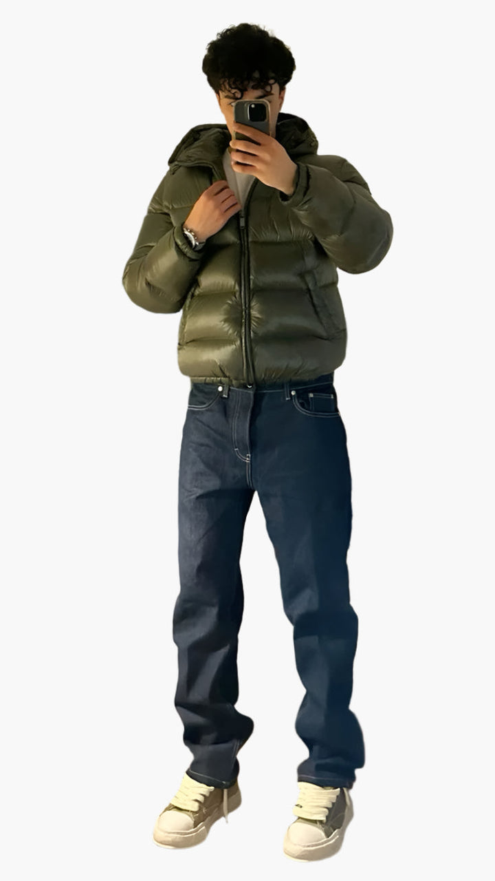 Men's hooded quilted puffer jacket with long sleeves and front zip