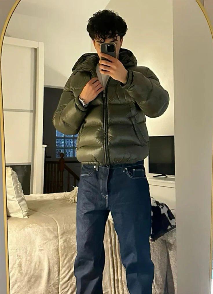 Men's hooded quilted puffer jacket with zip front and pockets