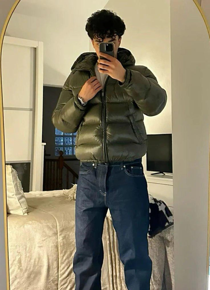 Men's hooded quilted puffer jacket with zip front and pockets