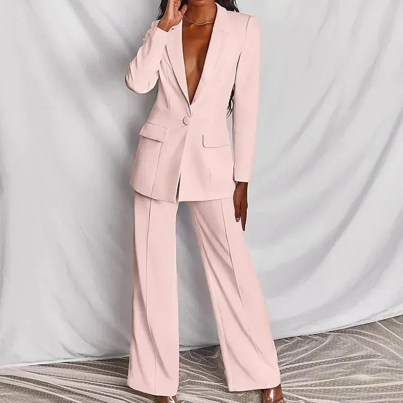 Women's tailored blazer and wide-leg trousers set with long sleeves