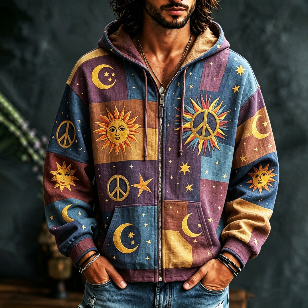 Men's patchwork hoodie with sun moon star and peace motifs