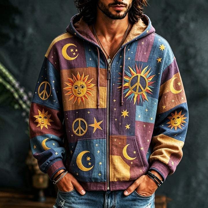 Men's patchwork hoodie with sun moon star and peace motifs