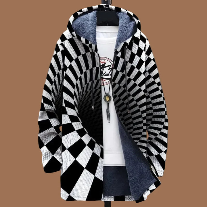 Men's hooded abstract print zip-up jacket with long sleeves