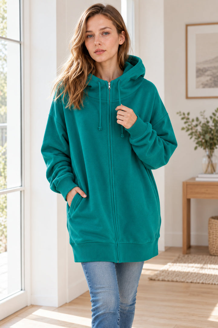 Women's solid hooded zip hoodie with long sleeves and ribbed trims