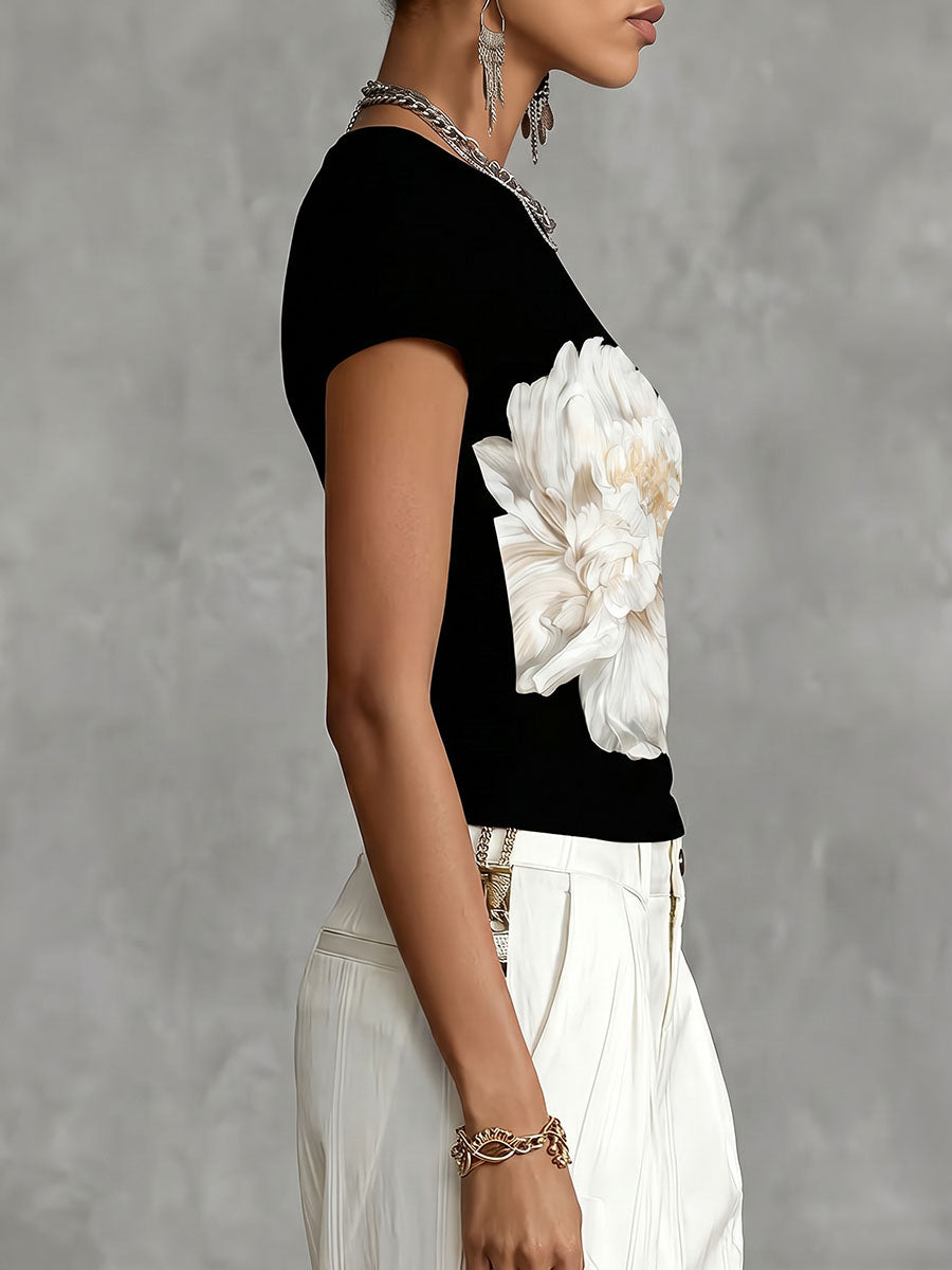 Women's Floral Print Blouse - Round Neck, Short Sleeve, Lightweight