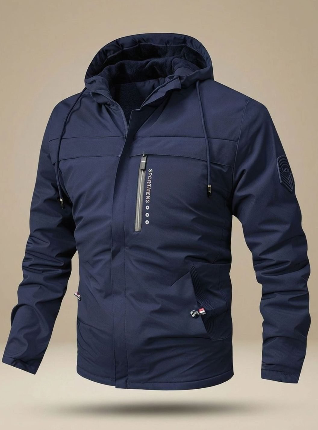 Men's hooded long-sleeve winter jacket with zip front and multiple pockets