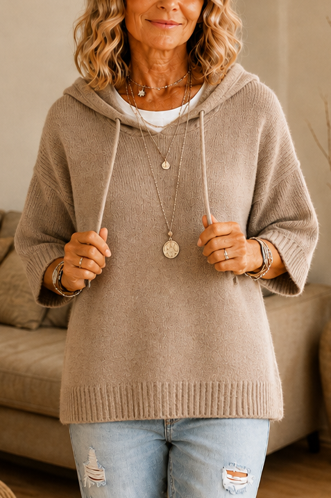 Women's hooded knit hoodie with drawstrings, 3/4 sleeves and ribbed trims