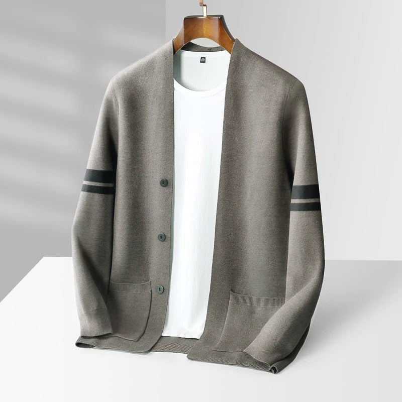Men's button cardigan with contrasting striped sleeves and front pockets