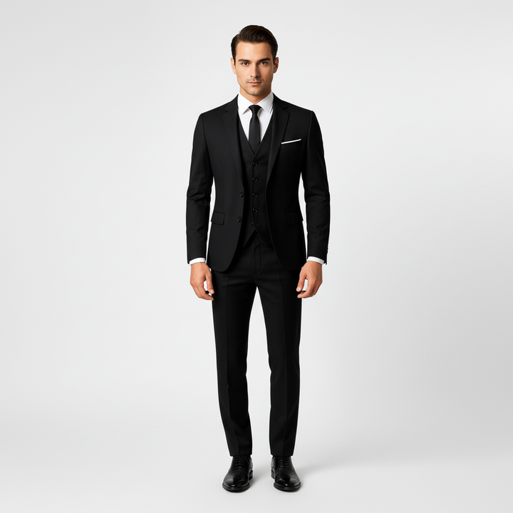 Men's three-piece suit with jacket waistcoat and trousers