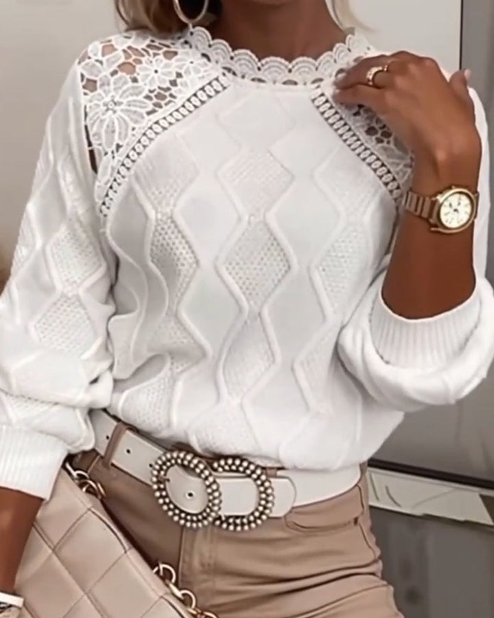Women's white textured jumper with lace yoke and long sleeves