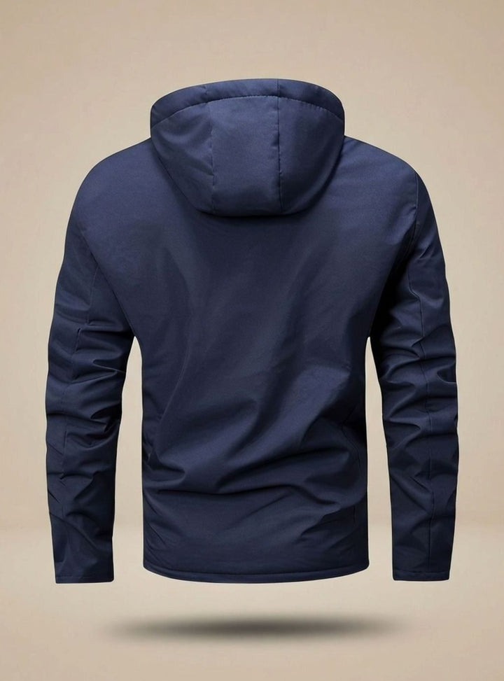 Men's hooded long-sleeve winter jacket with zip front and multiple pockets