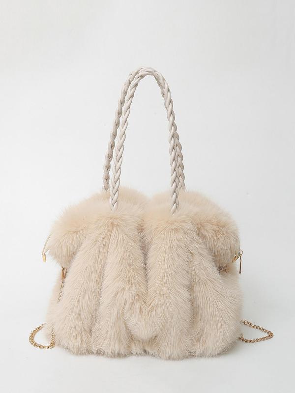 Women's faux fur shoulder bag with braided handles and chain strap