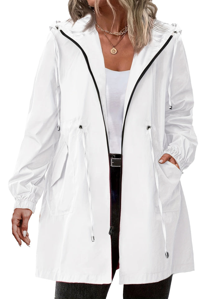 Women's long hooded raincoat with zip front, drawstring waist and front pockets