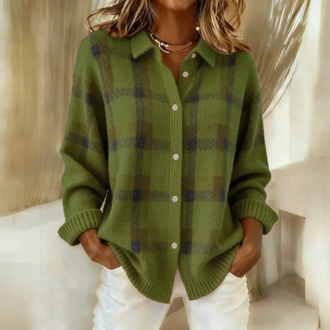 Women's checked collared knit sweater with button front