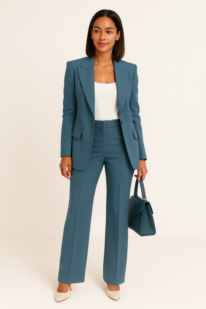 Women's two-piece tailored suit set with double-breasted blazer and straight-leg trousers in blue and beige